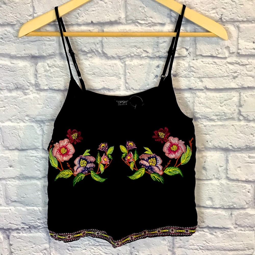 TopShop Black Floral Embroidered Spaghetti Strap Crop Top Womens 6 Festival